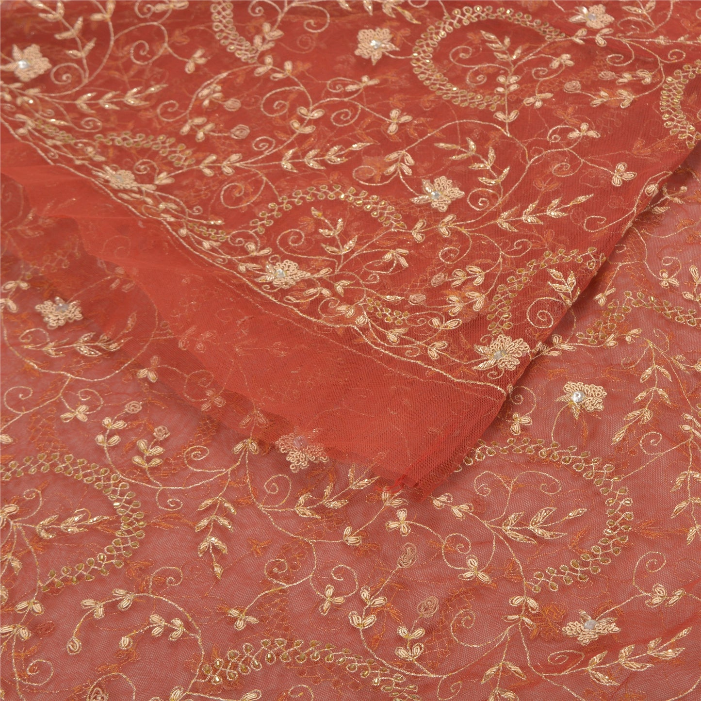 Sanskriti Vintage Orange Net Mesh Long Skirt Unstitched Hand Beaded Bollywood