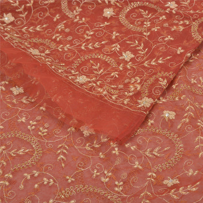 Sanskriti Vintage Orange Net Mesh Long Skirt Unstitched Hand Beaded Bollywood