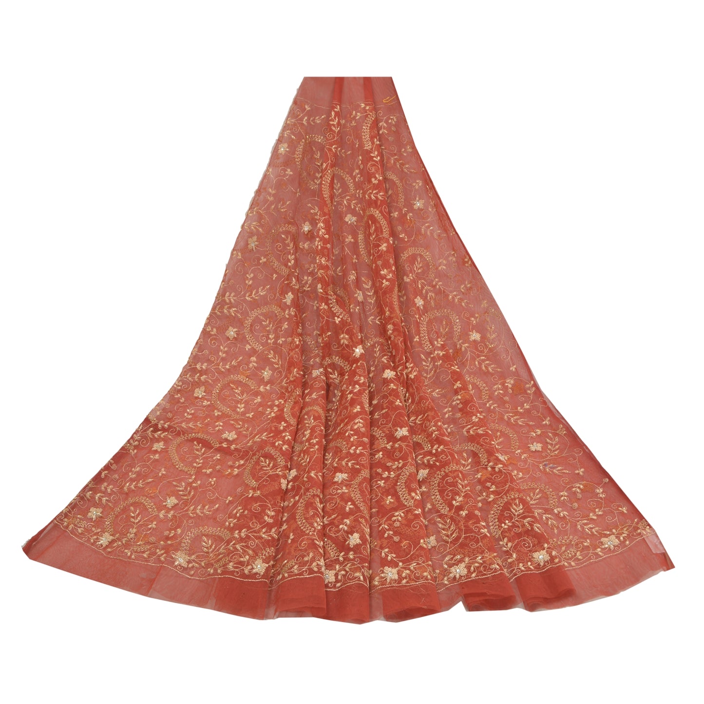 Sanskriti Vintage Orange Net Mesh Long Skirt Unstitched Hand Beaded Bollywood