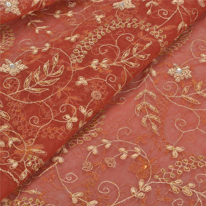 Sanskriti Vintage Orange Net Mesh Long Skirt Unstitched Hand Beaded Bollywood