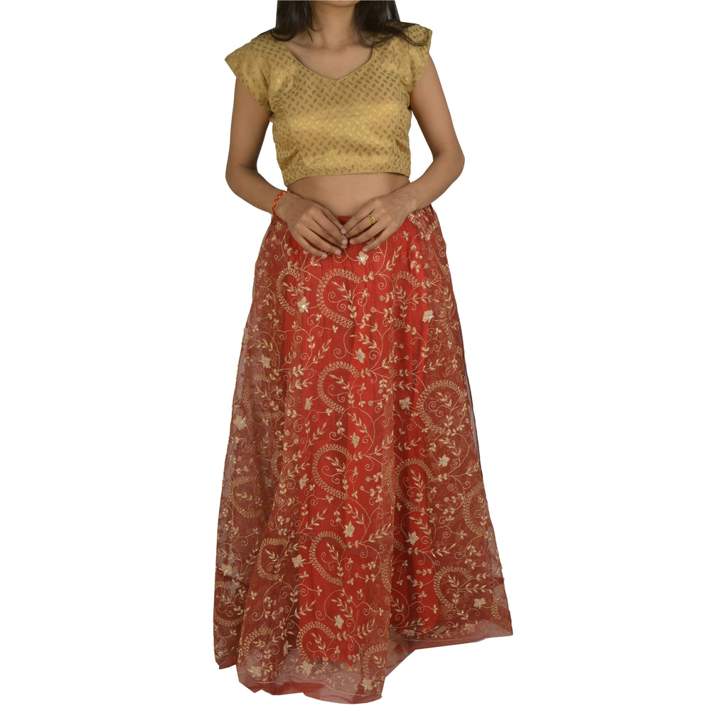 Sanskriti Vintage Long Skirt Net Mesh Orange Hand Beaded Unstitched Lehenga
