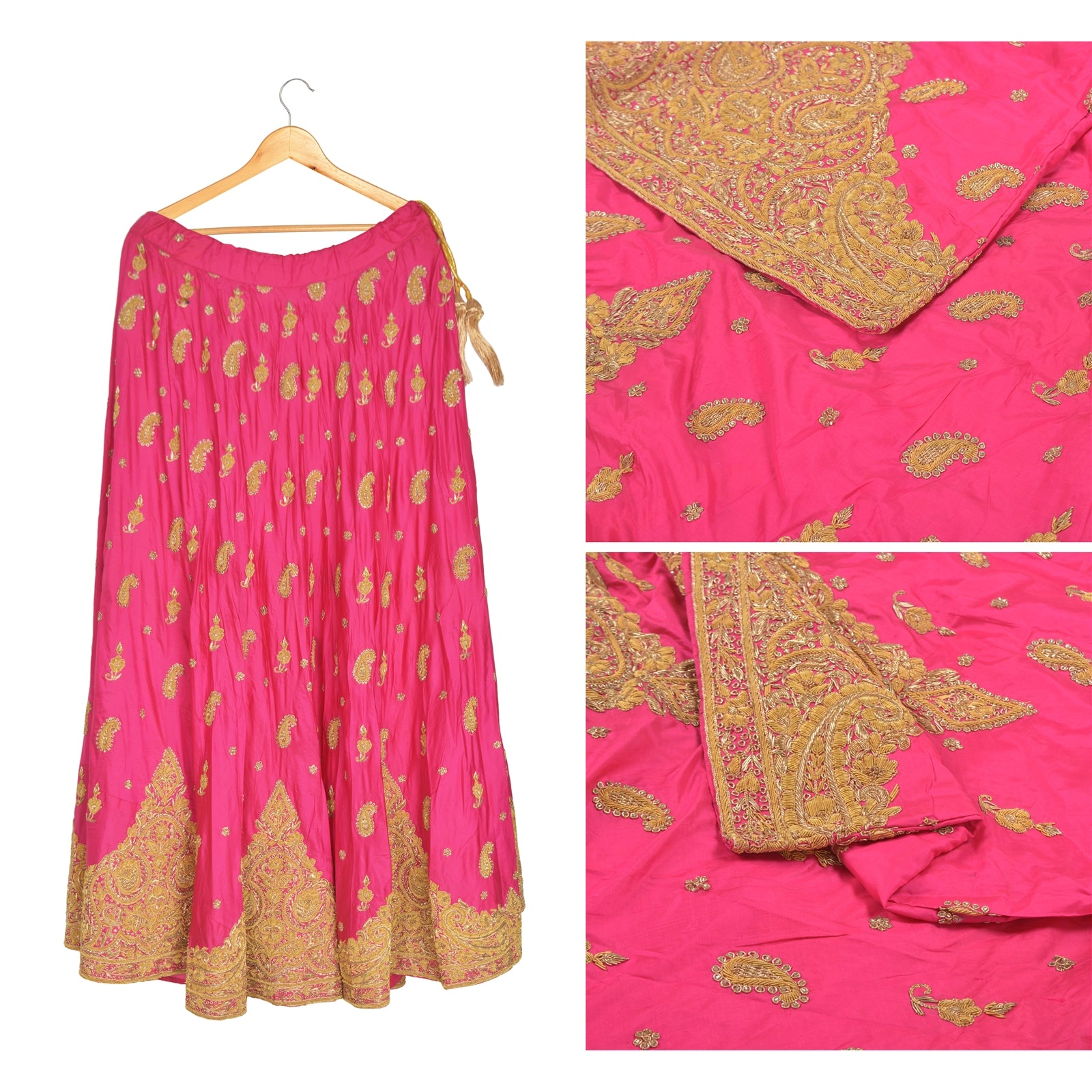 Sanskriti Vintage Hot Pink 100%Pure Silk Long Skirt Stitched Hand Beaded Zardozi Zari Indian Wedding