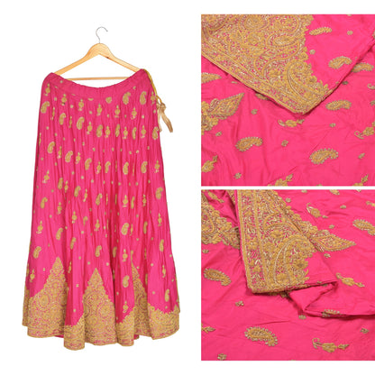 Sanskriti Vintage Long Skirt Pure Silk Hot Pink Hand Beaded Stitched Lehenga