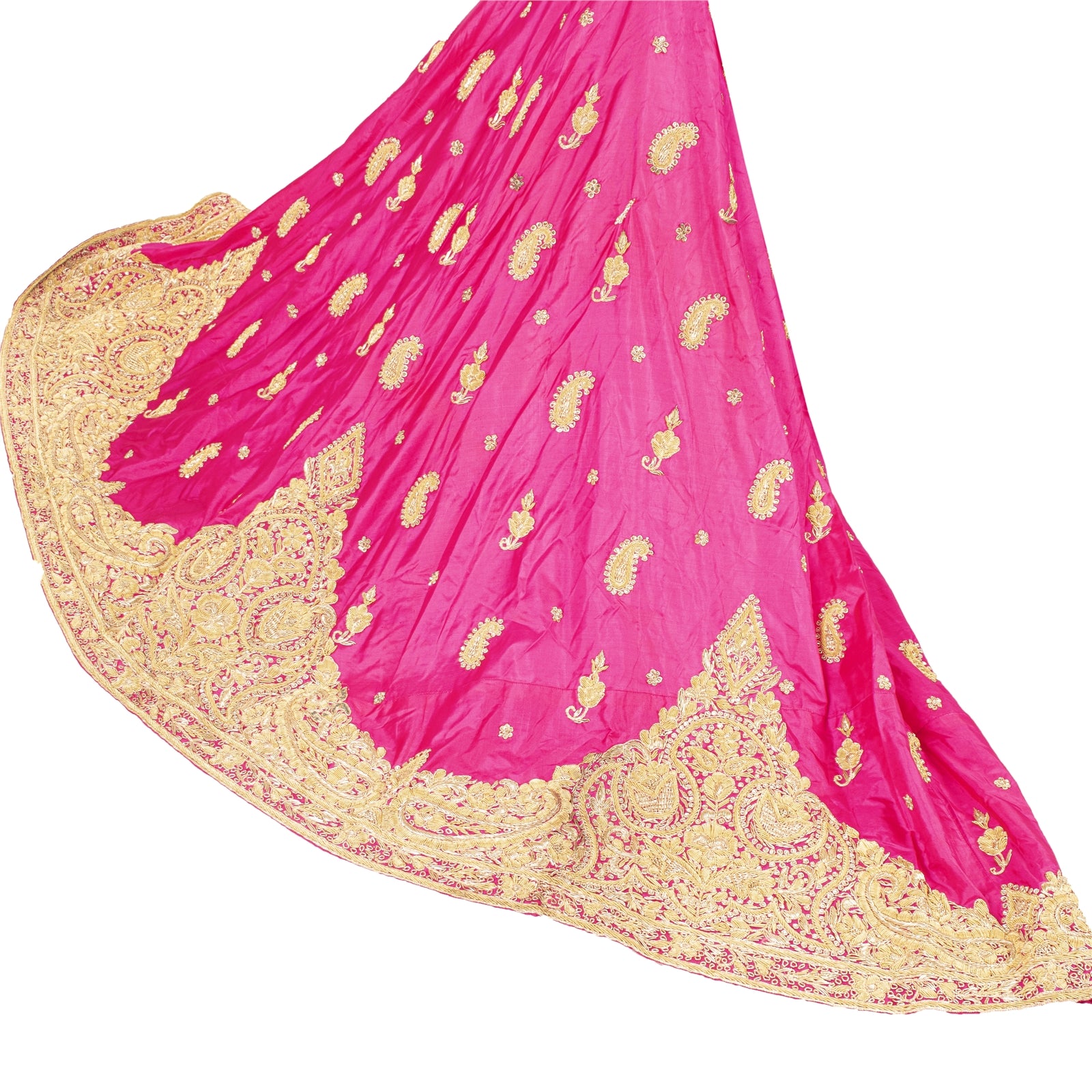 Sanskriti Vintage Hot Pink 100%Pure Silk Long Skirt Stitched Hand Beaded Zardozi Zari Indian Wedding