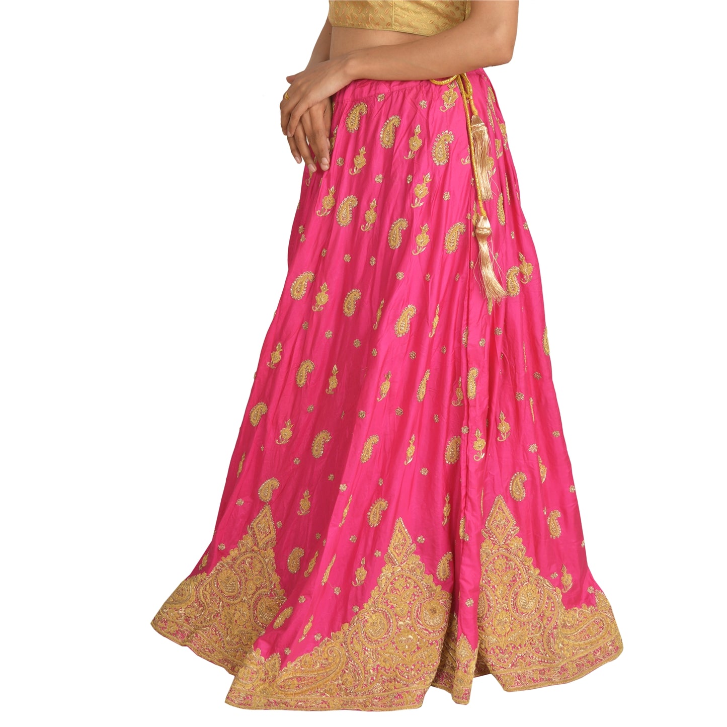 Sanskriti Vintage Long Skirt Pure Silk Hot Pink Hand Beaded Stitched Lehenga