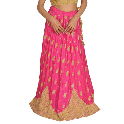 Sanskriti Vintage Long Skirt Pure Silk Hot Pink Hand Beaded Stitched Lehenga