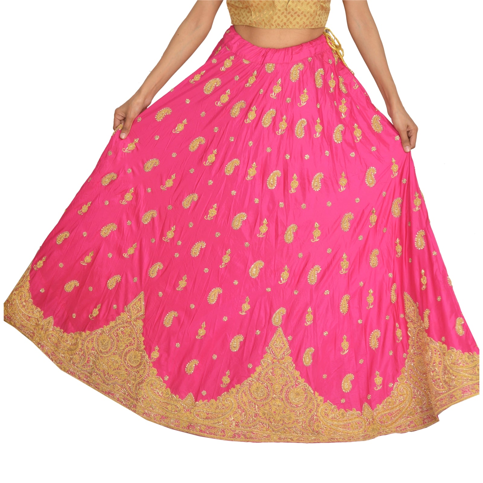 Sanskriti Vintage Hot Pink 100%Pure Silk Long Skirt Stitched Hand Beaded Zardozi Zari Indian Wedding
