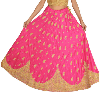 Sanskriti Vintage Long Skirt Pure Silk Hot Pink Hand Beaded Stitched Lehenga