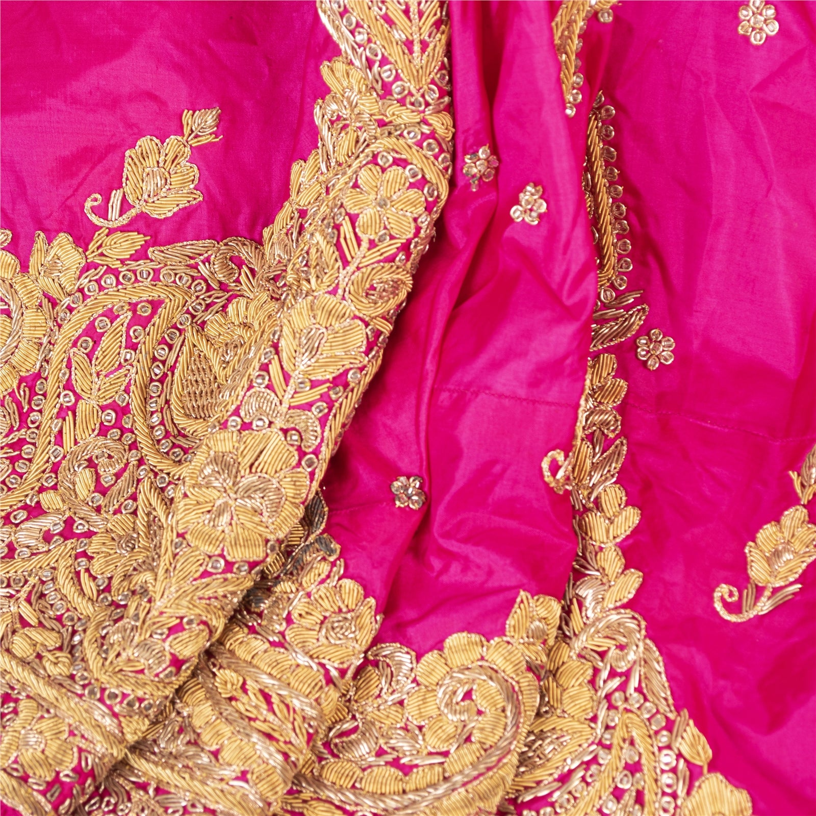 Sanskriti Vintage Hot Pink 100%Pure Silk Long Skirt Stitched Hand Beaded Zardozi Zari Indian Wedding