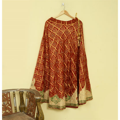 Sanskriti Vintage Long Skirt Pure Silk Red Hand Beaded Stitched Bandhani Lehenga