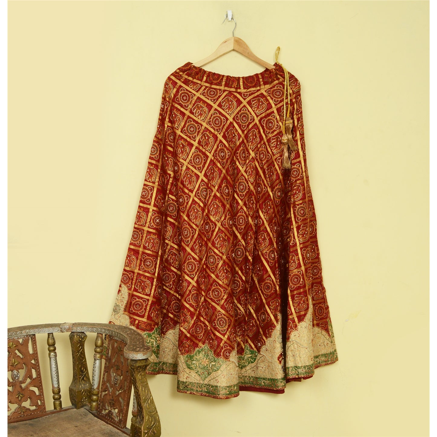 Sanskriti Vintage Long Skirt Pure Silk Red Hand Beaded Stitched Bandhani Lehenga