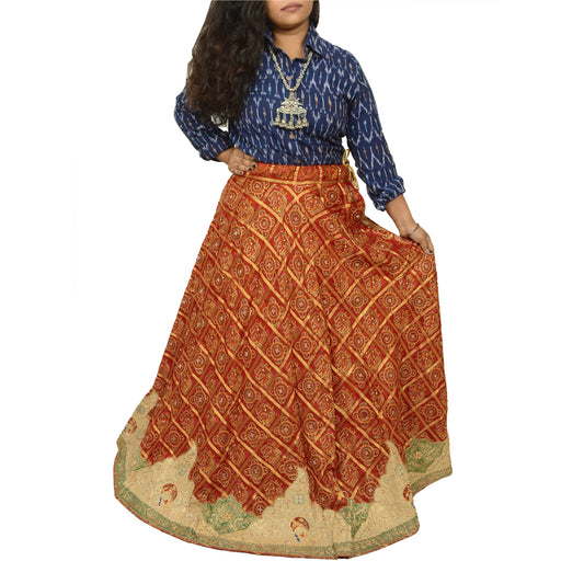 Sanskriti Vintage Long Skirt Pure Silk Red Hand Beaded Stitched Bandhani Lehenga