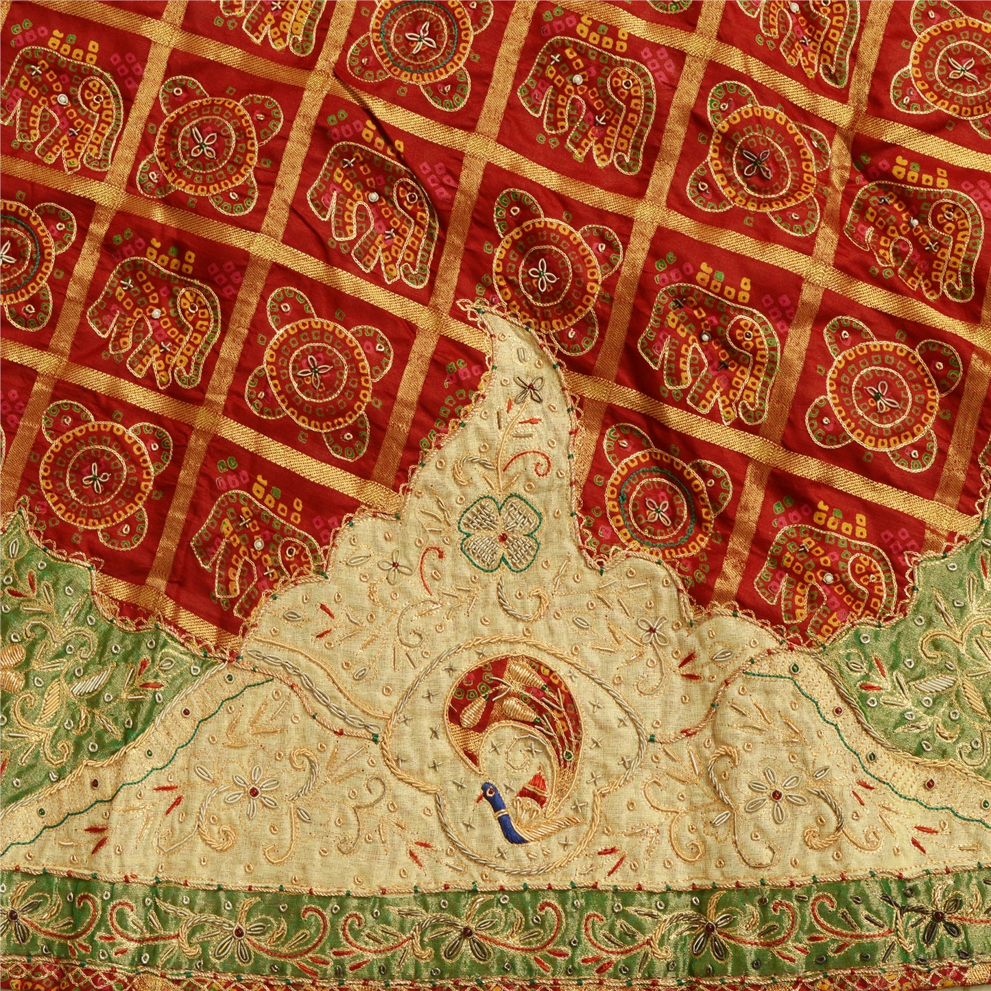 Sanskriti Vintage Long Skirt Pure Silk Red Hand Beaded Stitched Bandhani Lehenga