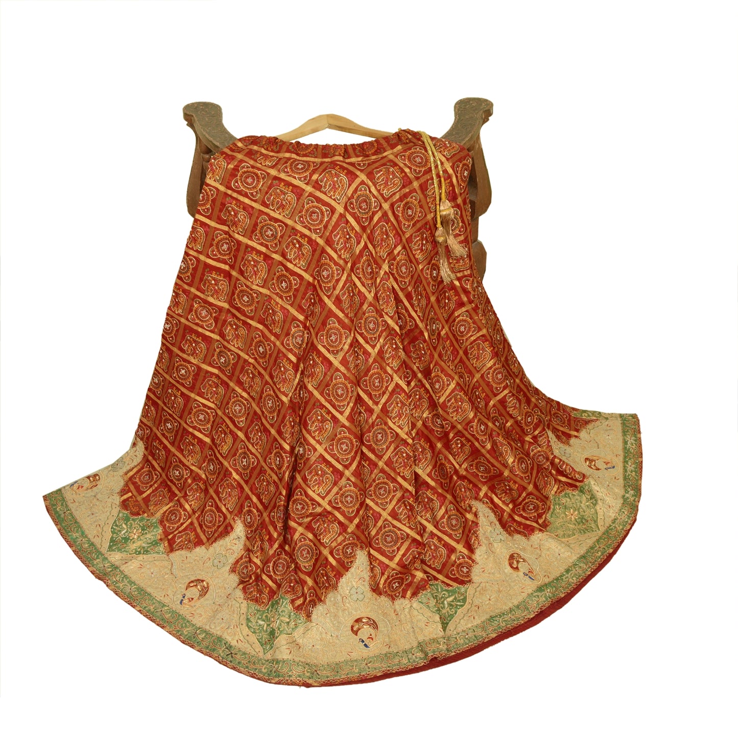 Sanskriti Vintage Long Skirt Pure Silk Red Hand Beaded Stitched Bandhani Lehenga