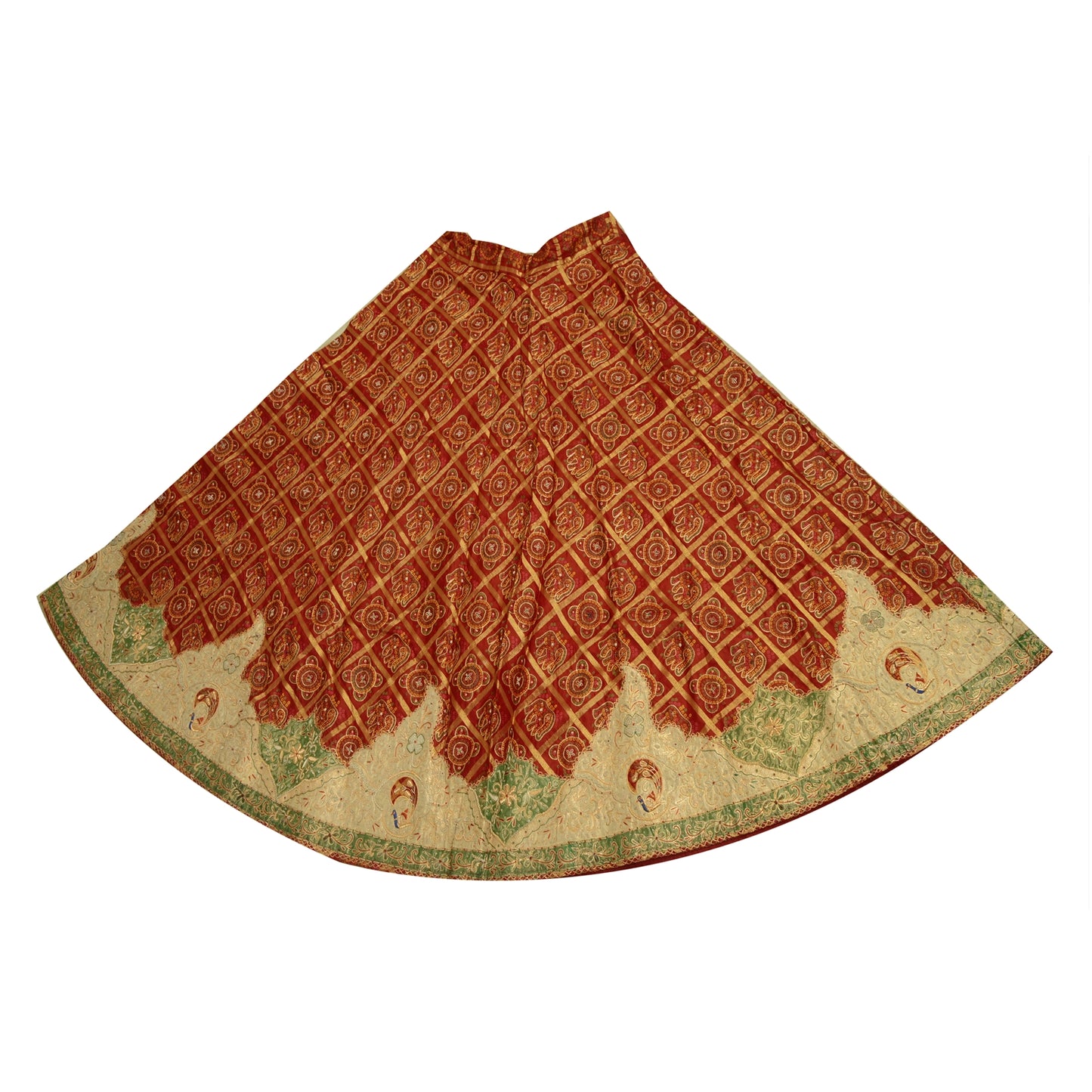 Sanskriti Vintage Long Skirt Pure Silk Red Hand Beaded Stitched Bandhani Lehenga