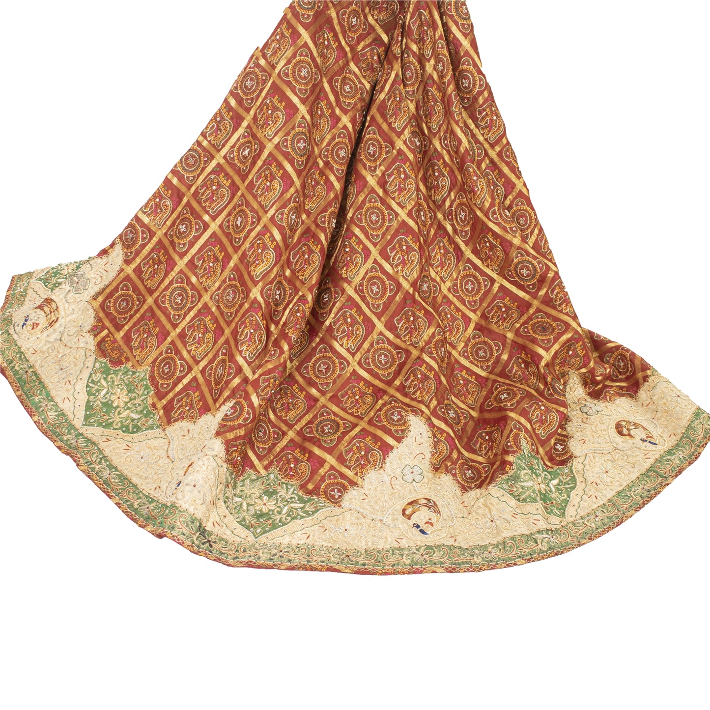 Sanskriti Vintage Long Skirt Pure Silk Red Hand Beaded Stitched Bandhani Lehenga