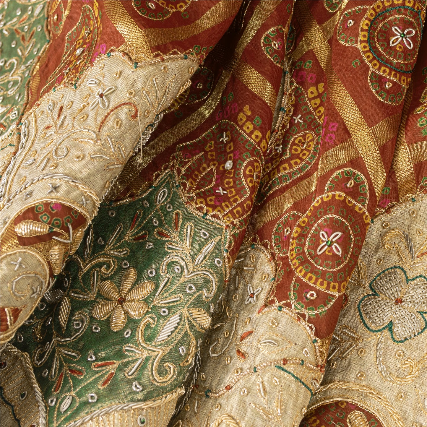 Sanskriti Vintage Long Skirt Pure Silk Red Hand Beaded Stitched Bandhani Lehenga