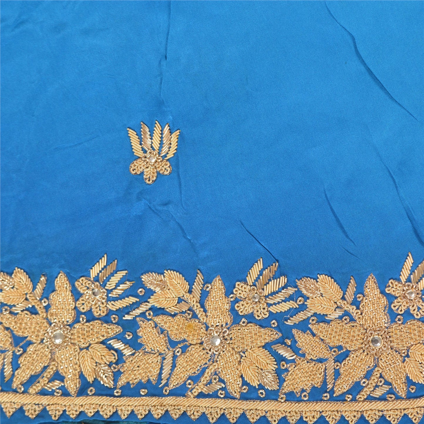 Sanskriti Vintage Long Skirt Pure Satin Silk Blue Handmade Unstitched Lehenga