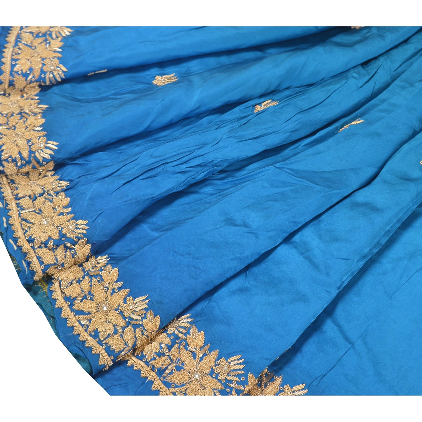 Sanskriti Vintage Long Skirt Pure Satin Silk Blue Handmade Unstitched Lehenga