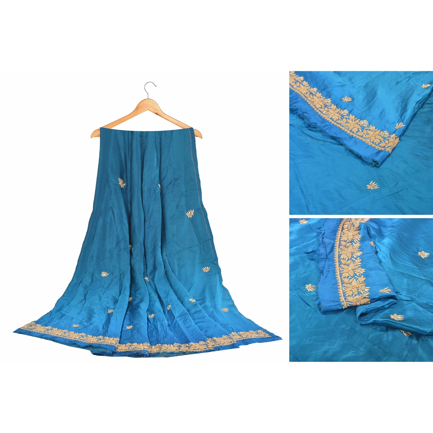 Sanskriti Vintage Long Skirt Pure Satin Silk Blue Handmade Unstitched Lehenga