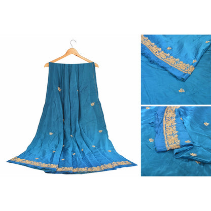 Sanskriti Vintage Long Skirt Pure Satin Silk Blue Handmade Unstitched Lehenga