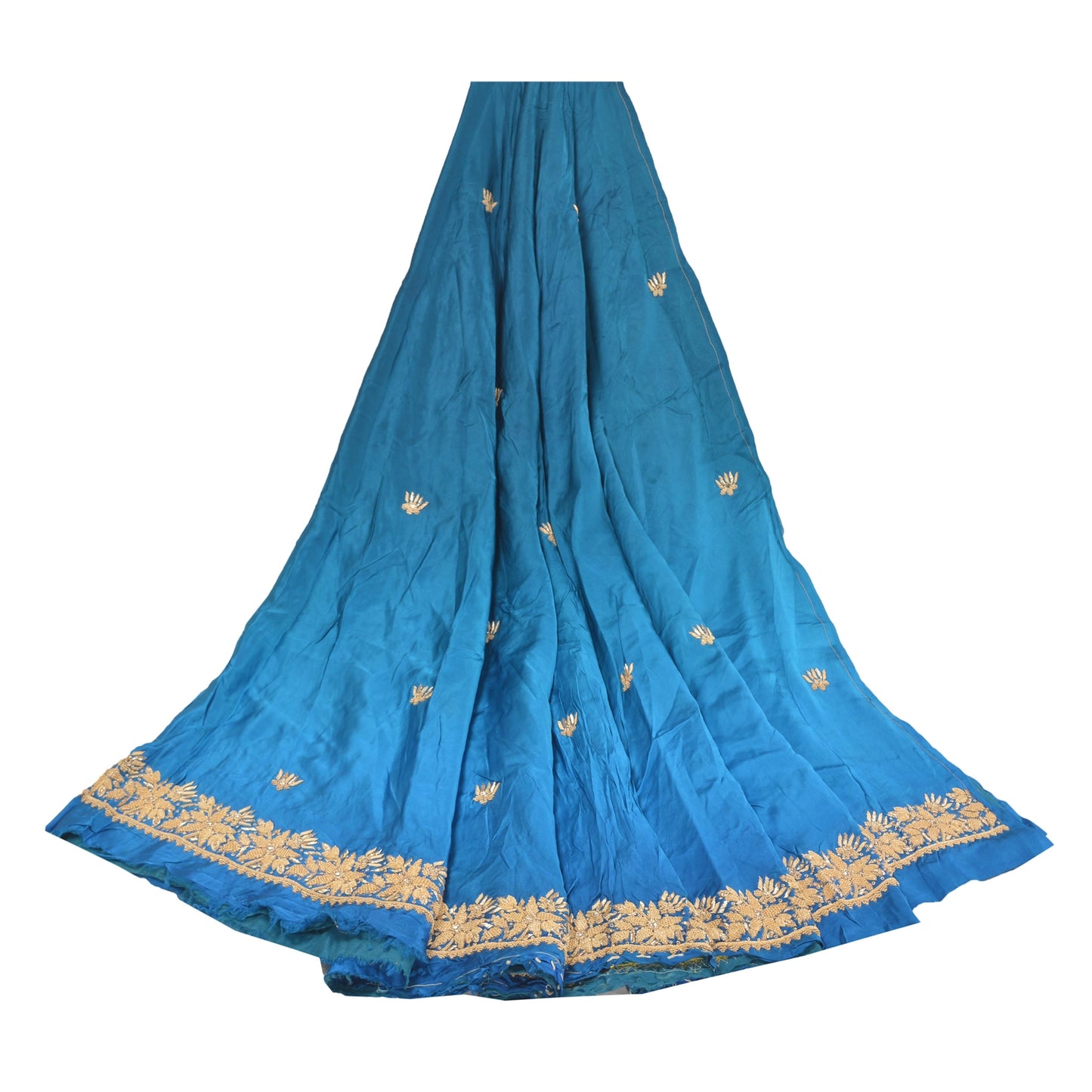 Sanskriti Vintage Long Skirt Pure Satin Silk Blue Handmade Unstitched Lehenga