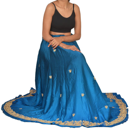 Sanskriti Vintage Long Skirt Pure Satin Silk Blue Handmade Unstitched Lehenga
