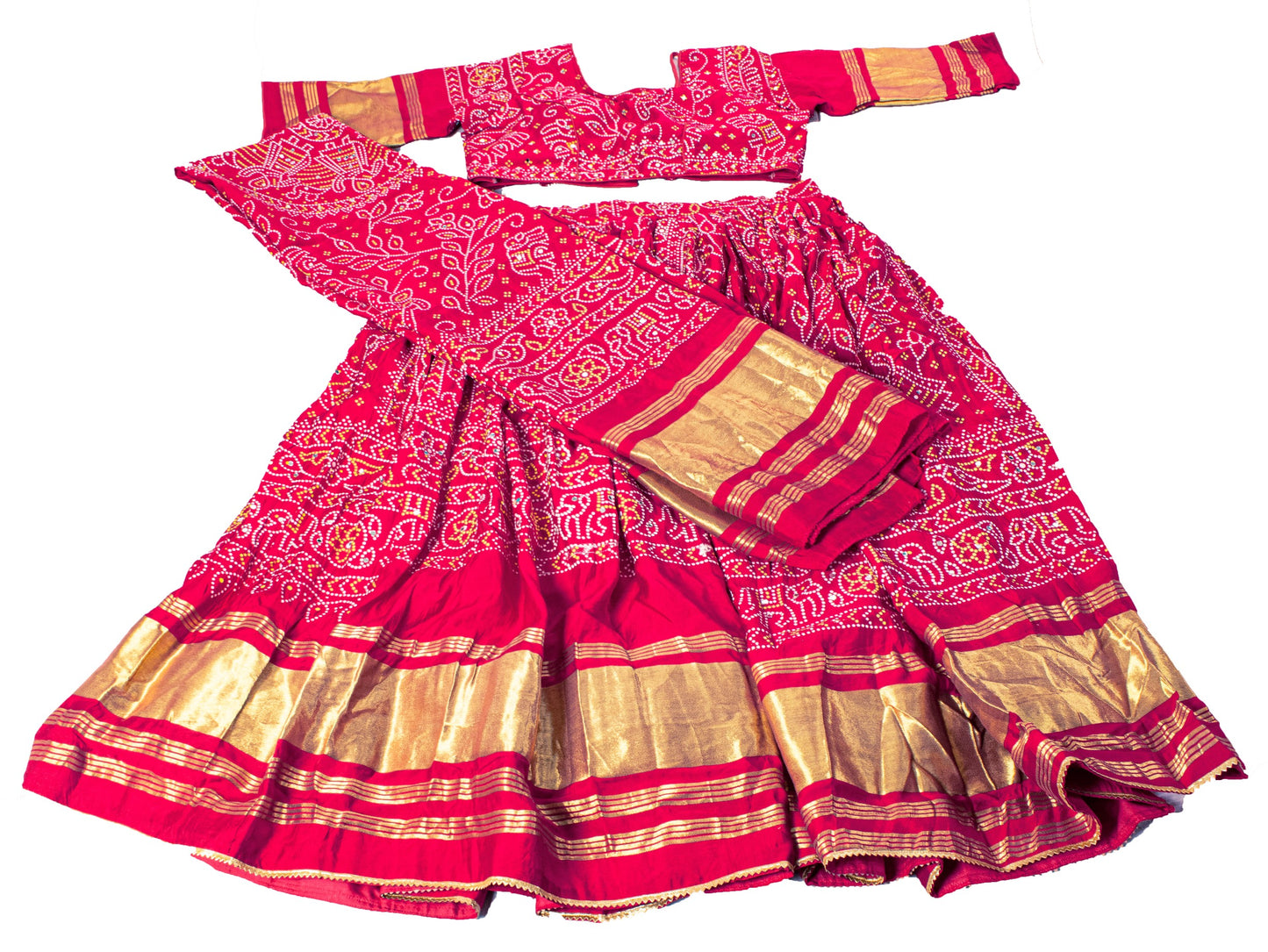 Sanskriti Vintage Pink Pure Cotton Skirt Choli Dupatta Set Bandhani Hand Painted