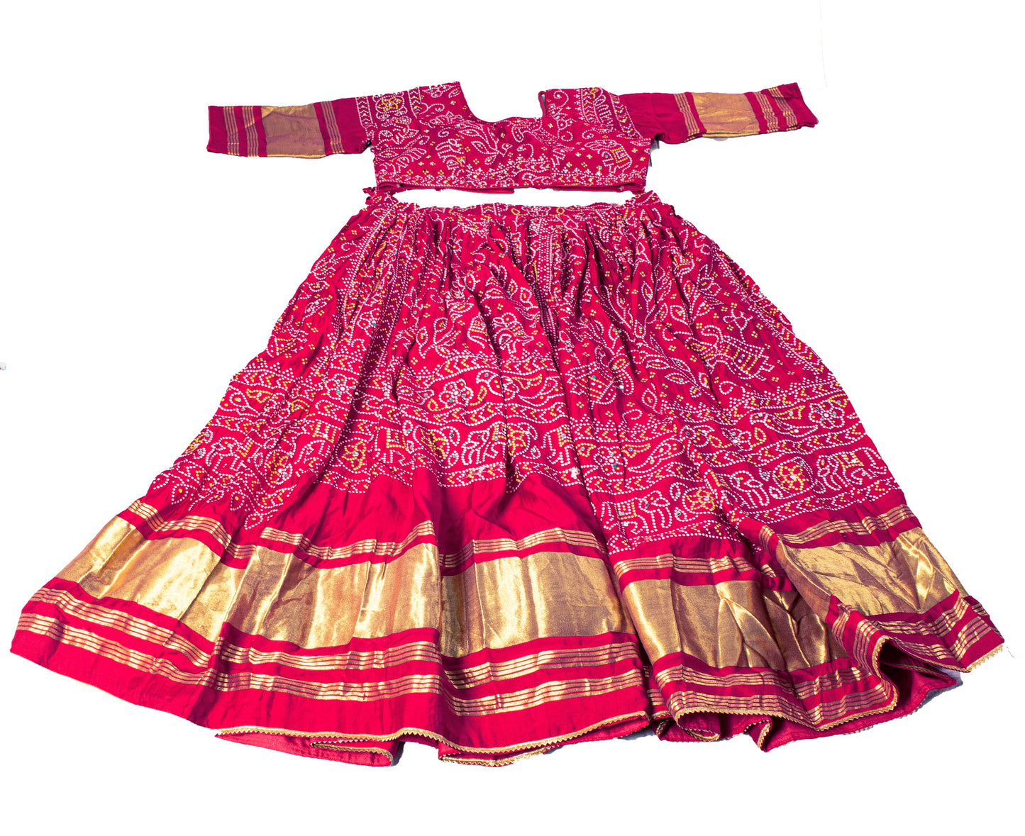 Sanskriti Vintage Pink Pure Cotton Skirt Choli Dupatta Set Bandhani Hand Painted