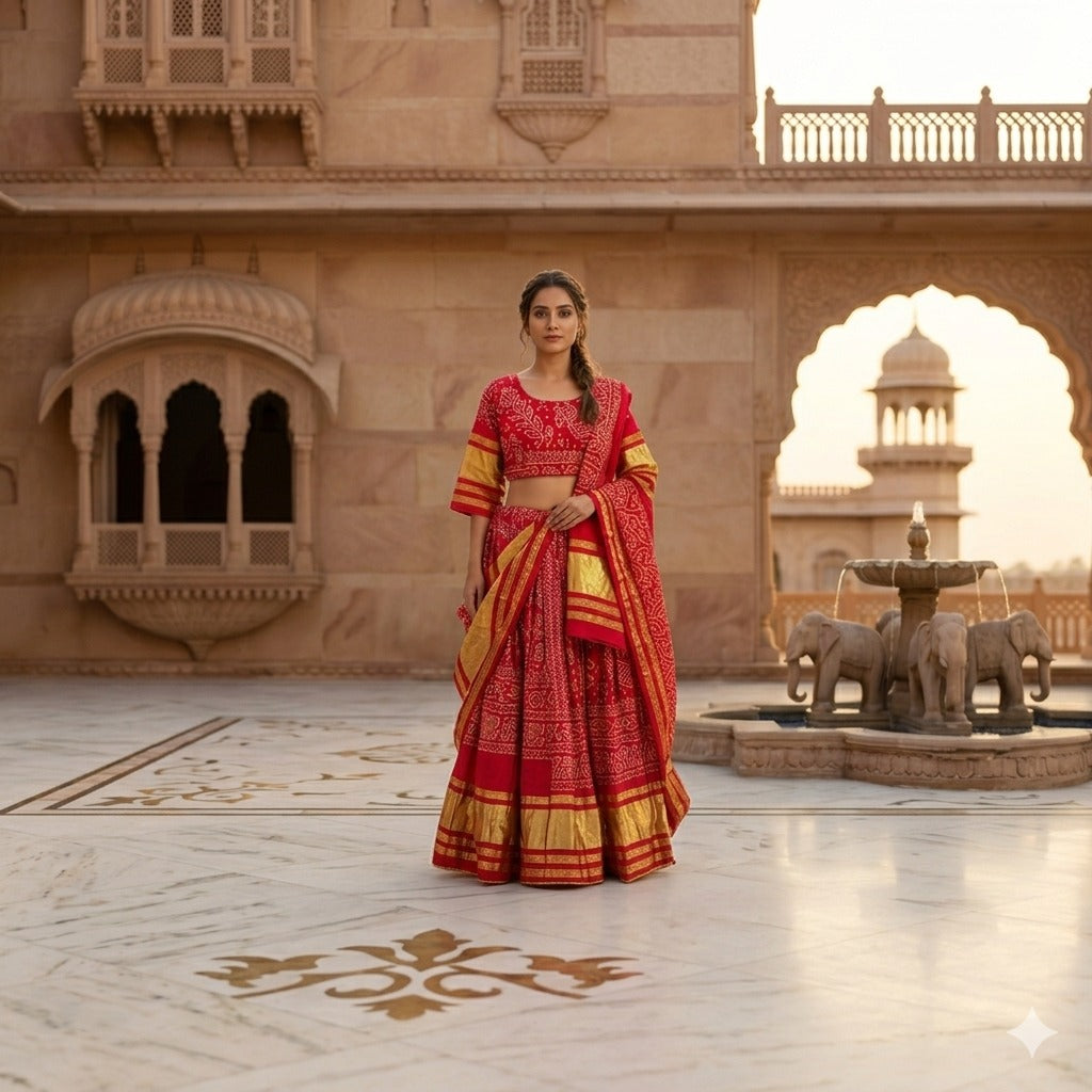 Sanskriti Vintage Pink Pure Cotton Skirt Choli Dupatta Set Bandhani Hand Painted