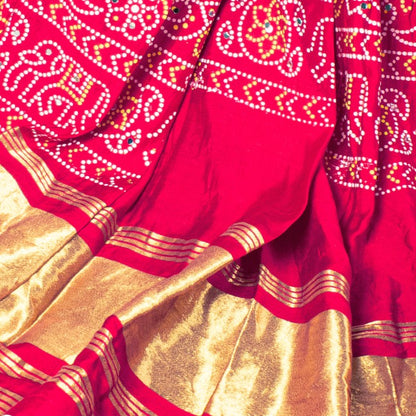 Sanskriti Vintage Pink Pure Cotton Skirt Choli Dupatta Set Bandhani Hand Painted