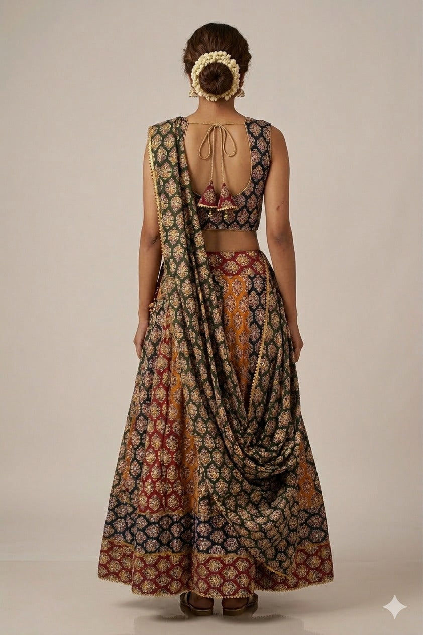 Sanskriti New Multicolor Pure Cotton Skirt Choli Dupatta Set Bagru Hand Block