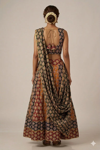 Sanskriti New Multicolor Pure Cotton Skirt Choli Dupatta Set Bagru Hand Block