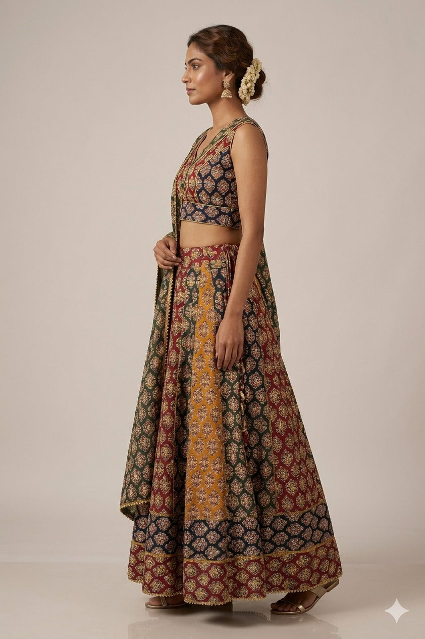 Sanskriti New Multicolor Pure Cotton Skirt Choli Dupatta Set Bagru Hand Block