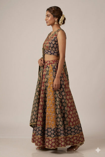 Sanskriti New Multicolor Pure Cotton Skirt Choli Dupatta Set Bagru Hand Block