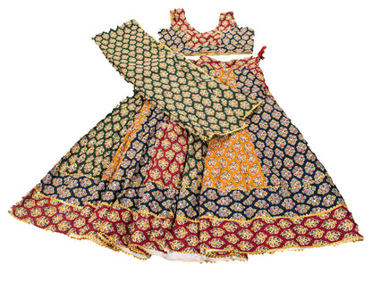 Sanskriti New Multicolor Pure Cotton Skirt Choli Dupatta Set Bagru Hand Block