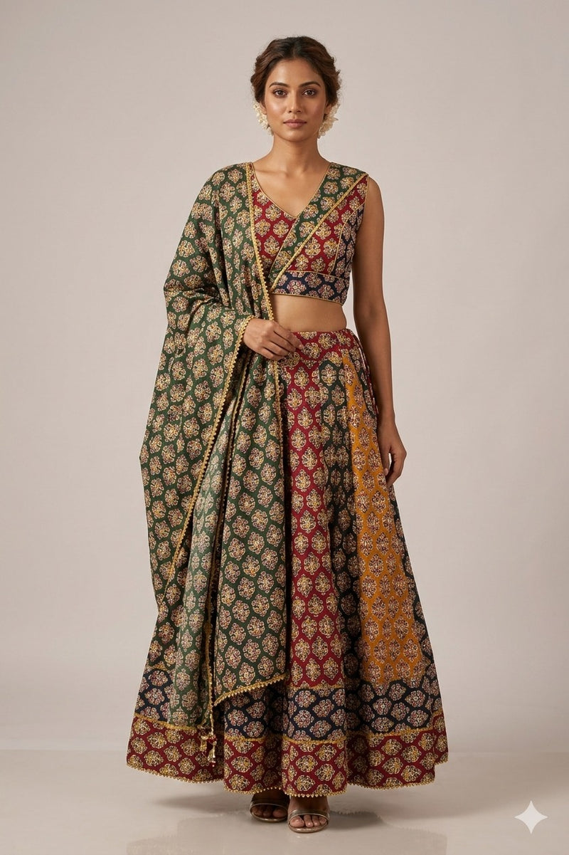 Sanskriti New Multicolor Pure Cotton Skirt Choli Dupatta Set Bagru Hand Block