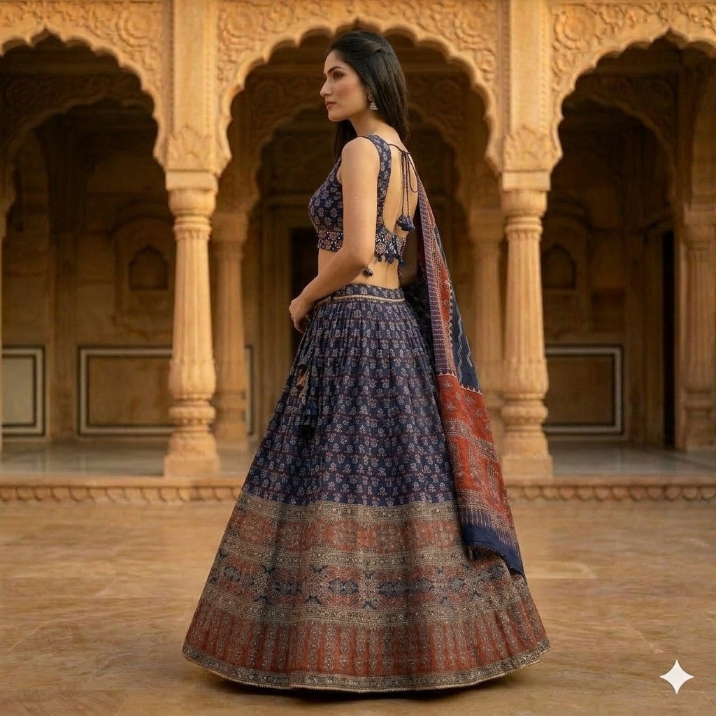 anskriti New Blue Pure Cotton Skirt Choli Dupatta Set Bagru Hand Block Printed