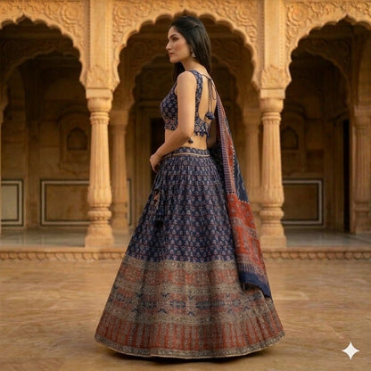 anskriti New Blue Pure Cotton Skirt Choli Dupatta Set Bagru Hand Block Printed