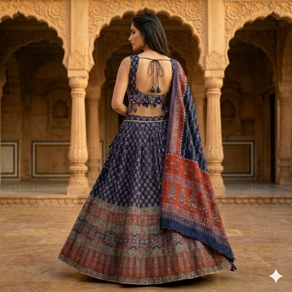 anskriti New Blue Pure Cotton Skirt Choli Dupatta Set Bagru Hand Block Printed
