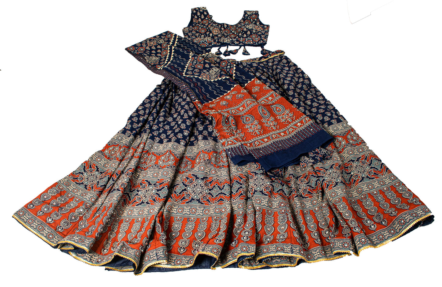 anskriti New Blue Pure Cotton Skirt Choli Dupatta Set Bagru Hand Block Printed