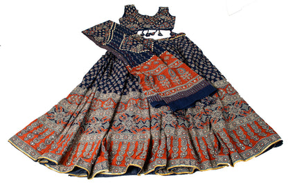 anskriti New Blue Pure Cotton Skirt Choli Dupatta Set Bagru Hand Block Printed