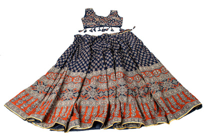 anskriti New Blue Pure Cotton Skirt Choli Dupatta Set Bagru Hand Block Printed
