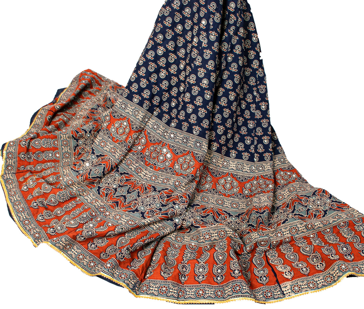 anskriti New Blue Pure Cotton Skirt Choli Dupatta Set Bagru Hand Block Printed