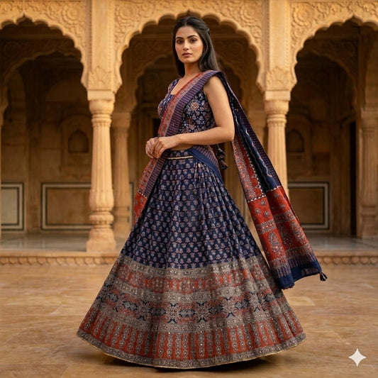 Sanskriti Vintage Blue Pure Cotton Skirt Choli Dupatta Set Bagru Block Printed