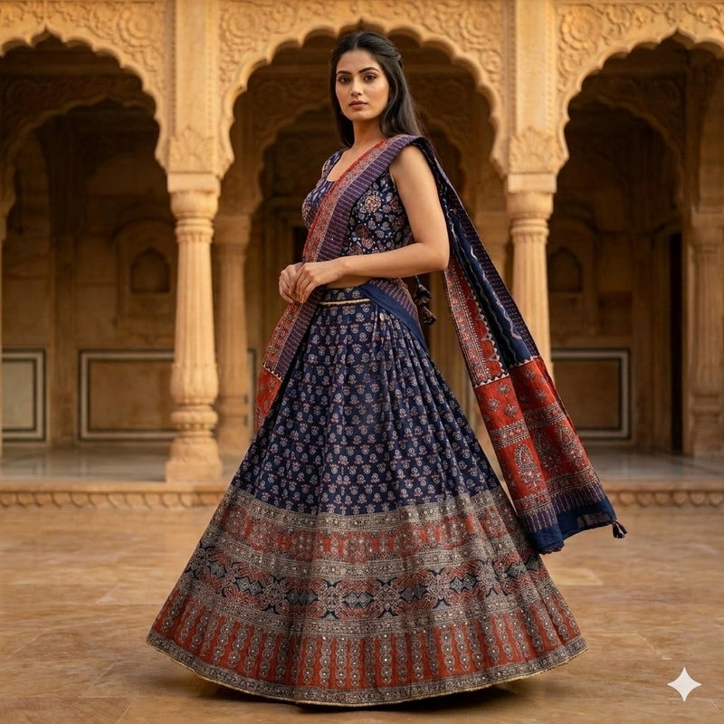 Sanskriti New Blue Pure Cotton Skirt Choli Dupatta Set Bagru Hand Block Printed