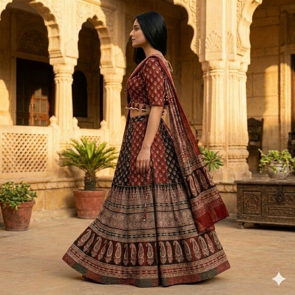 Sanskriti New Brown Pure Cotton Skirt Choli Dupatta Set Ajrakh Hand Block Print