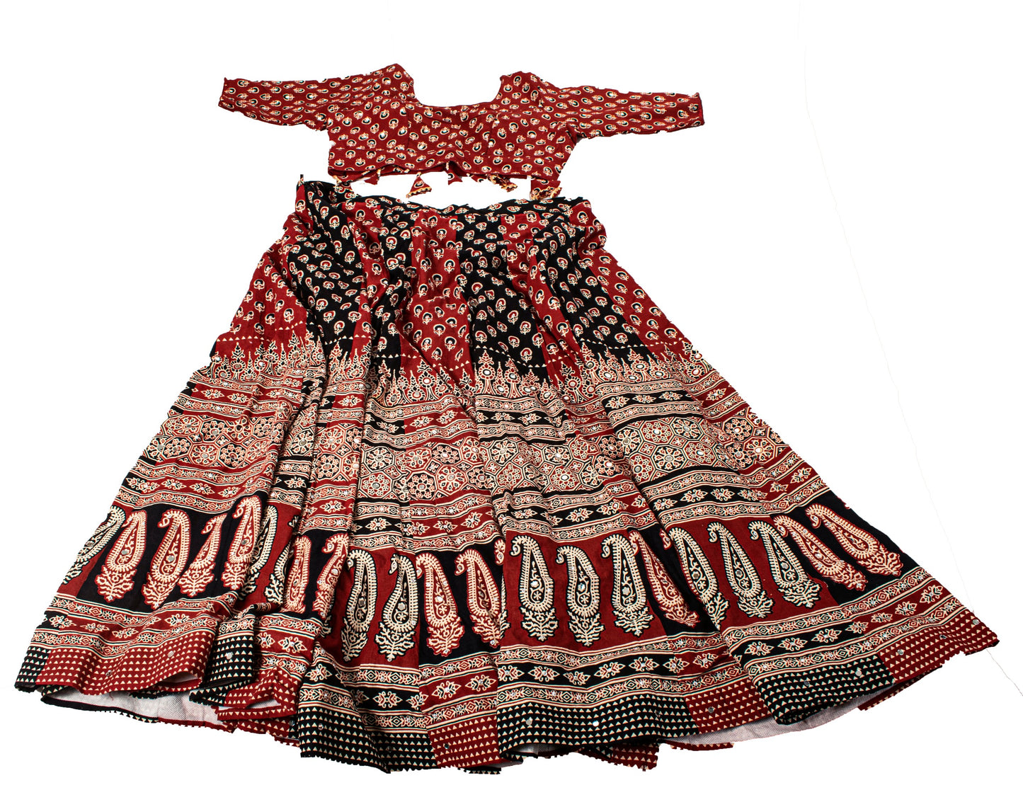 Sanskriti New Brown Pure Cotton Skirt Choli Dupatta Set Ajrakh Hand Block Print
