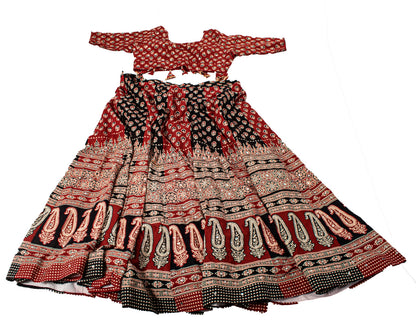 Sanskriti New Brown Pure Cotton Skirt Choli Dupatta Set Ajrakh Hand Block Print