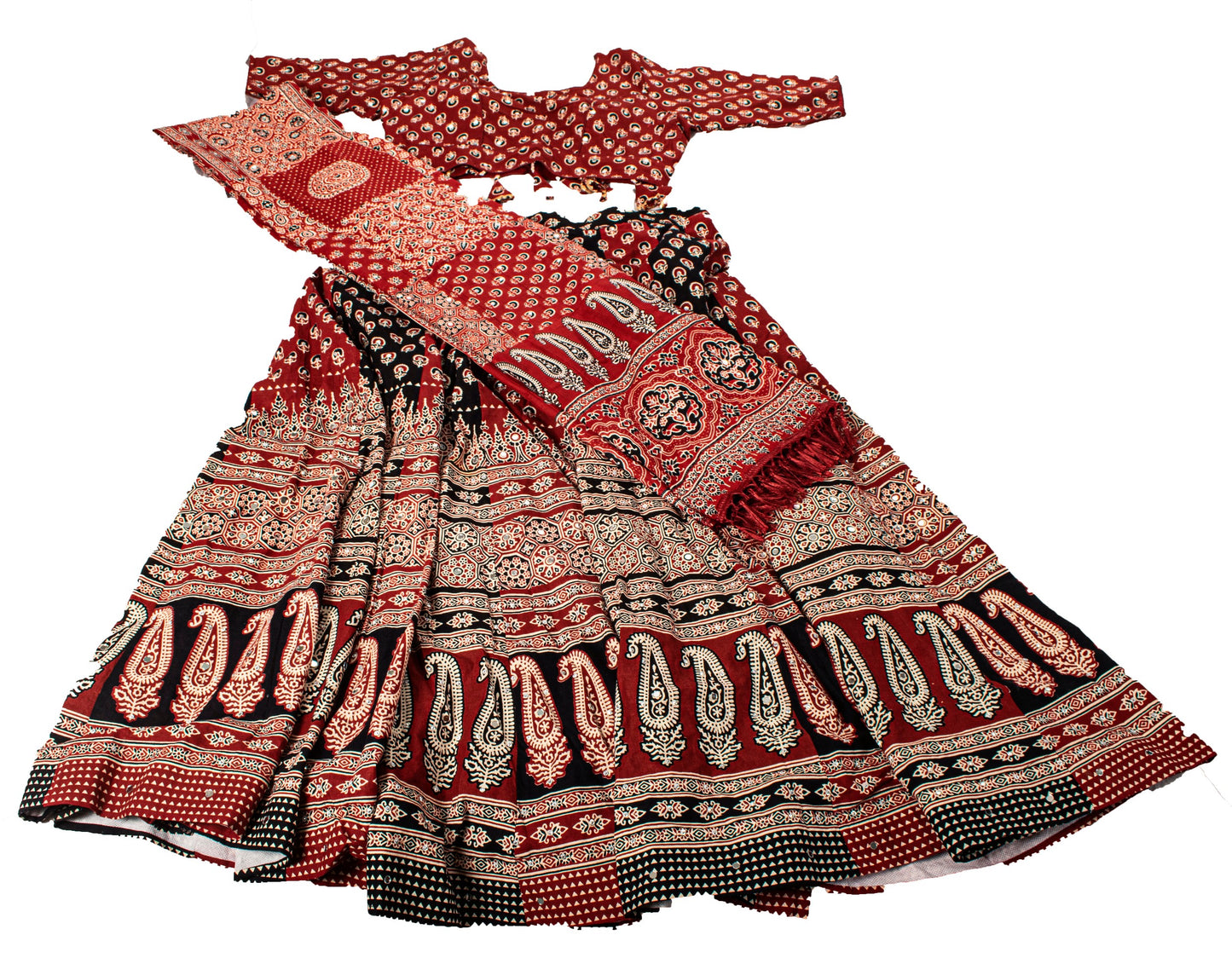 Sanskriti New Brown Pure Cotton Skirt Choli Dupatta Set Ajrakh Hand Block Print